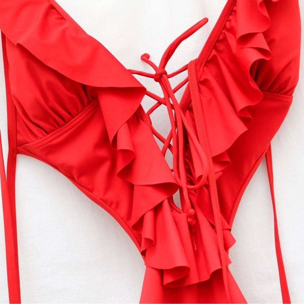 La Vie En Rose one piece swimsuit V-neck plunge ruffle bright red beach vacation - Picture 3 of 5